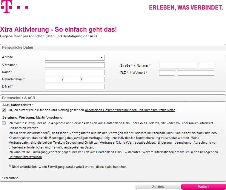 Deutsche Telekom - Aktivierung Xtra Card - Persönliche Daten