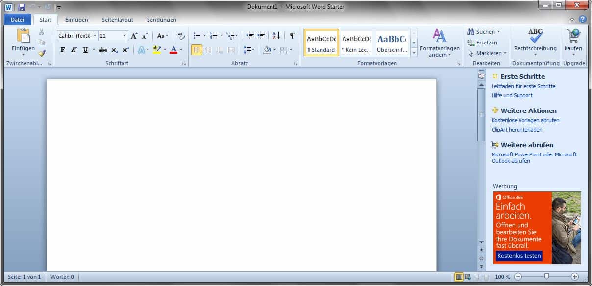 Microsoft Word Starter 2010 - Neues Dokument