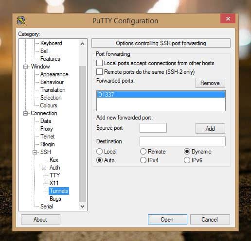 PuTTY Configuration - SSH Tunnel