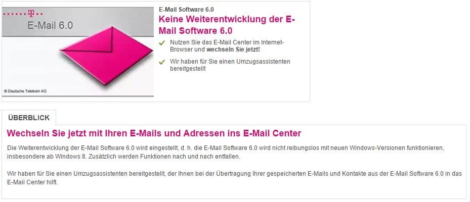 Deutsche Telekom - Keine Weiterentwicklung - E-Mail Software