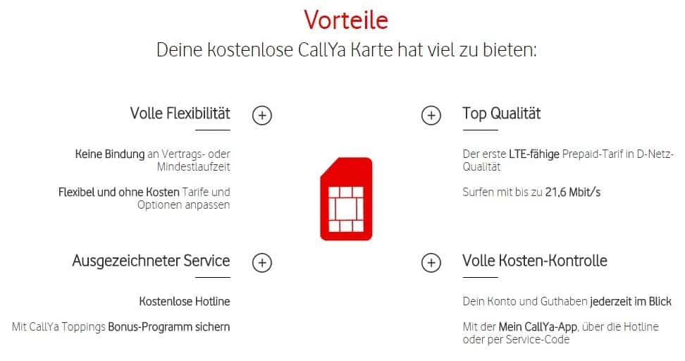 Vodafone Freikarte - CallYa Smartphone Special mit LTE - Vorteile