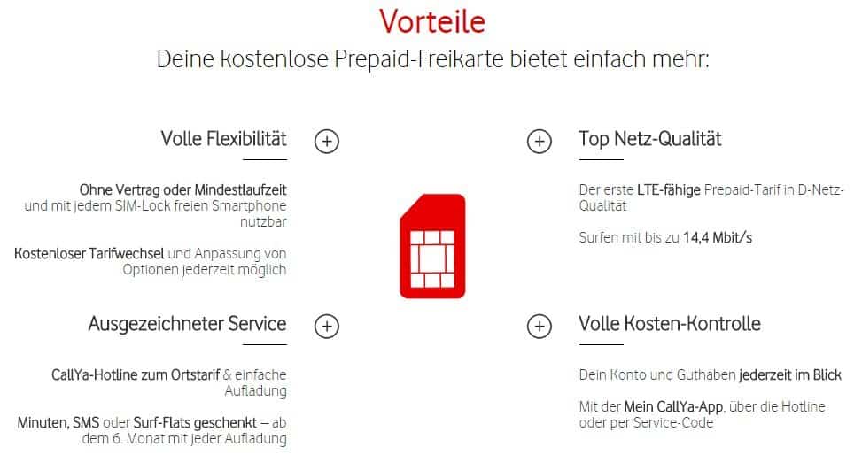 Vodafone Freikarte - CallYa Talk & SMS - Vorteile