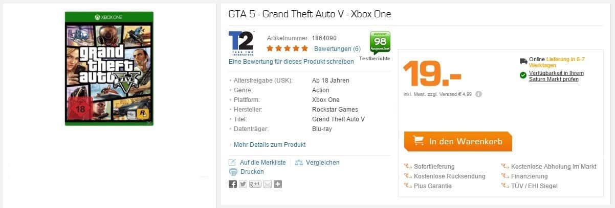 Saturn - Grand Theft Auto V - Xbox One - 19 Euro