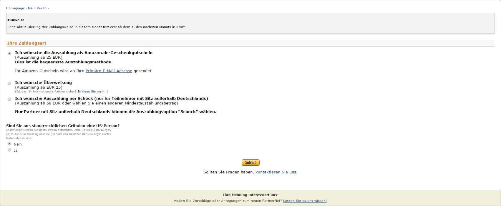 Amazon - Mein Konto - Ihre Zahlungsart - Steuerrechtlichen Gründen