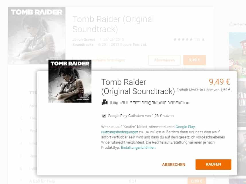 Google Playstore - Musik - Tomb Raider Soundtrack - Restguthaben verwenden