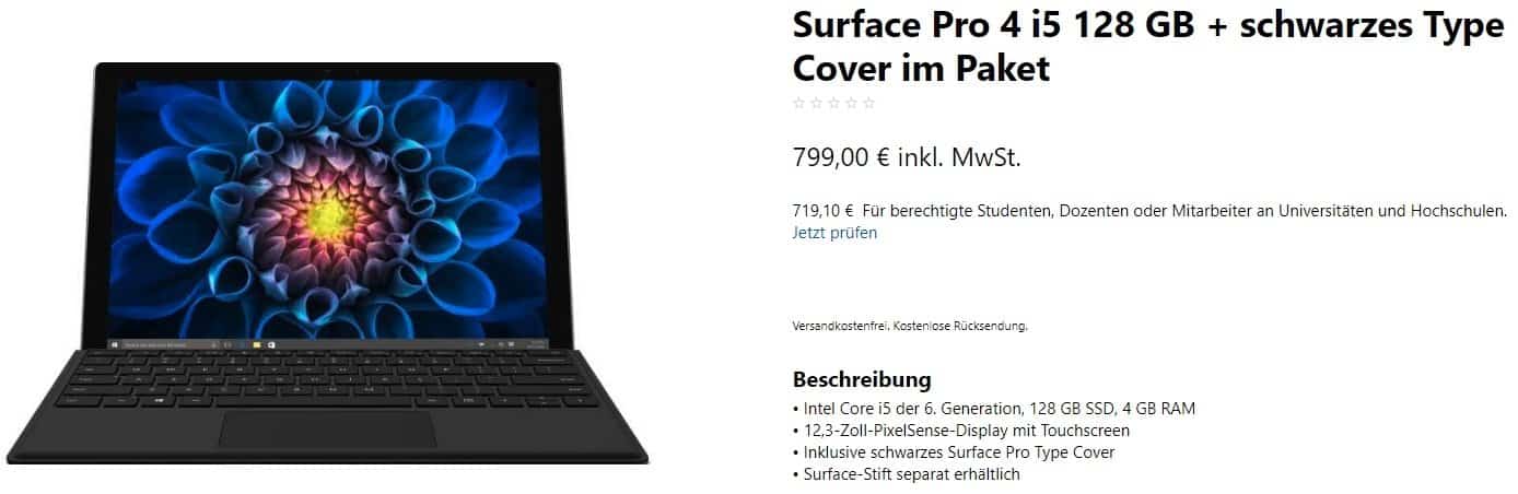 Microsoft Store - Microsoft Surface Pro 4 i5 - Schwarzes Type Cover im Paket