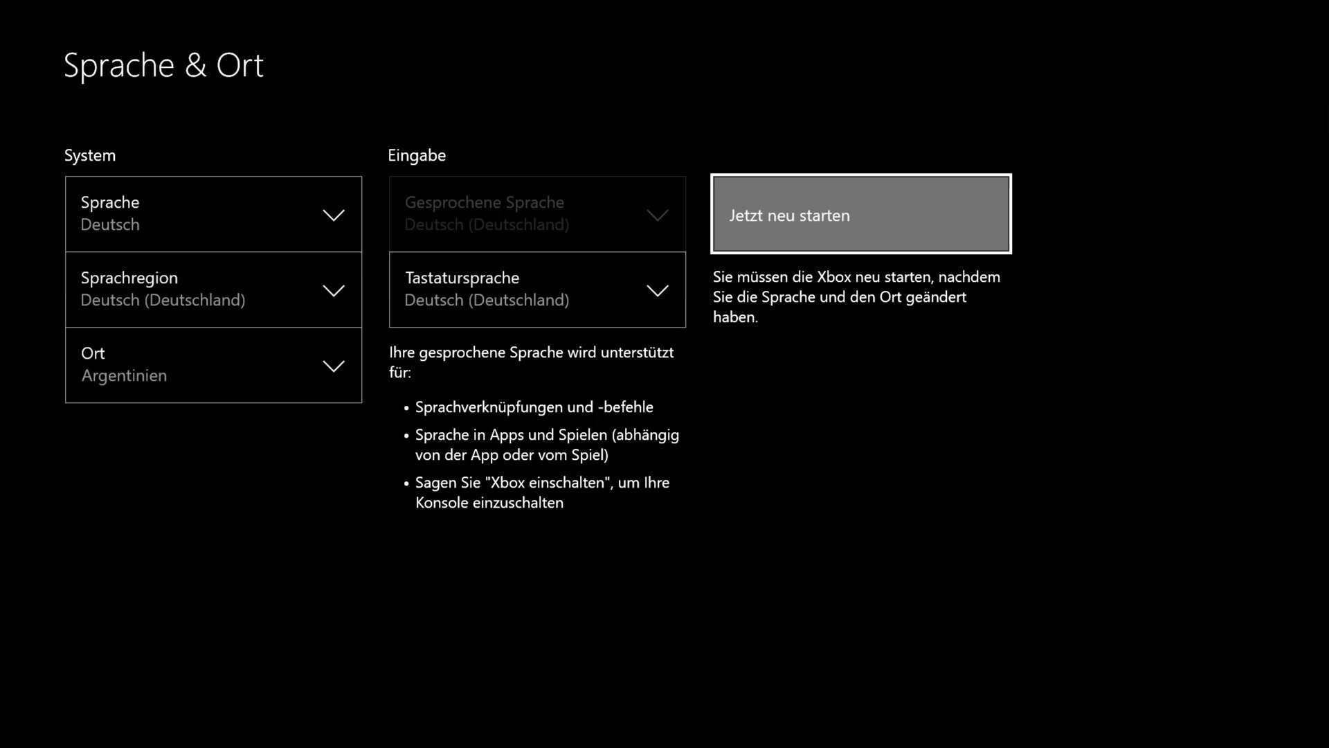 Xbox One - Einstellungen - System - Sprache & Ort - Argentinien