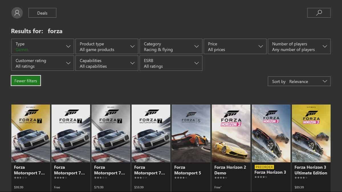 Microsoft - Xbox One-Store - Suche Forze Ergebnisse - Filter