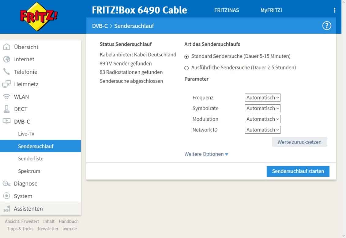 AVM FRITZ!Box 6490 Cable - DVB-C - Sendersuchlauf