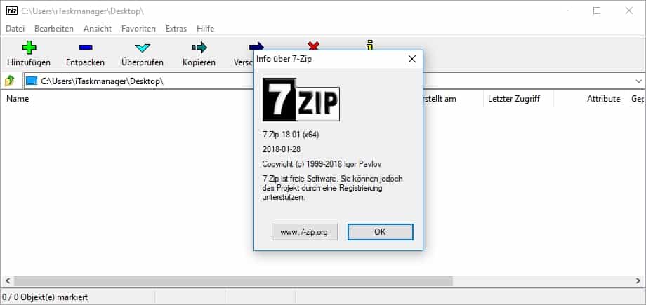 7-Zip Übersicht - Windows 10 - Desktop
