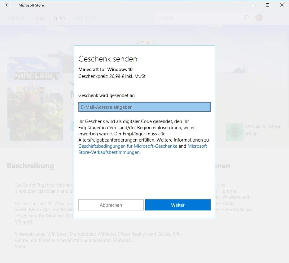 Windows 10 - Microsoft Store - Minecraft - Geschenk