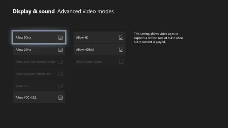 Xbox One - Einstellungen - Anzeige & Sound - Videoausgabe - Erweiterte Videomodi