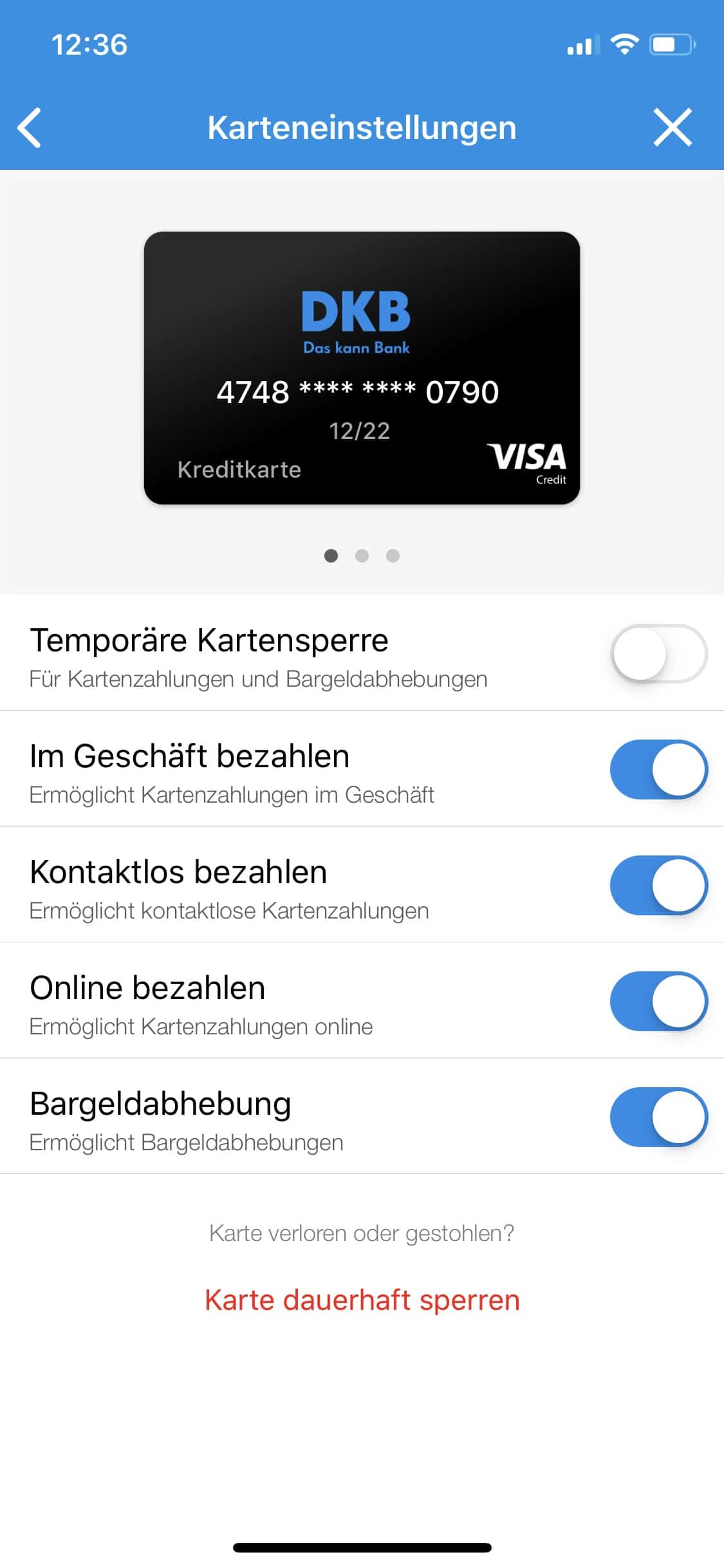 Apple iPhone - DKB-Banking-App - Card Control - Karteneinstellung