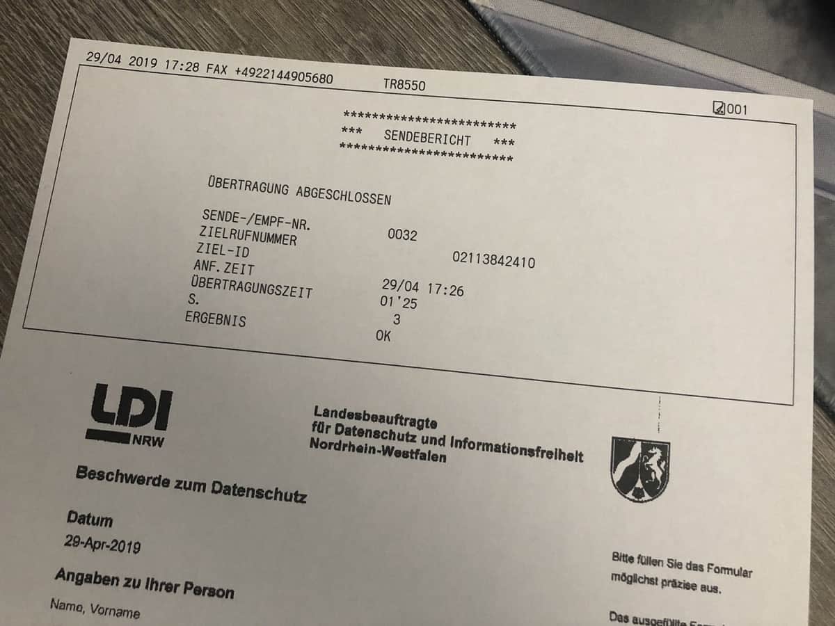 Landesbeauftragte für Datenschutz und Informationsfreiheit Nordrhein-Westfalen - Formular - Beschwerde zum Datenschutz - MasterCard - Masterpass - Fax - Sendebericht