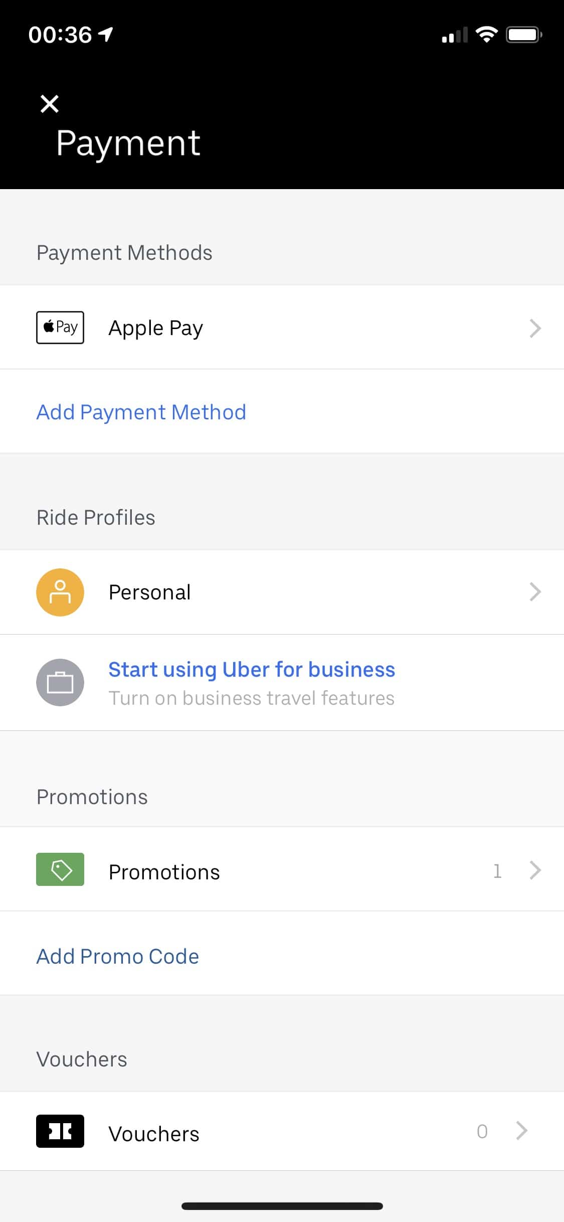 Uber-App - Einstellungen - Bezahlmethoden - Apple - iOS