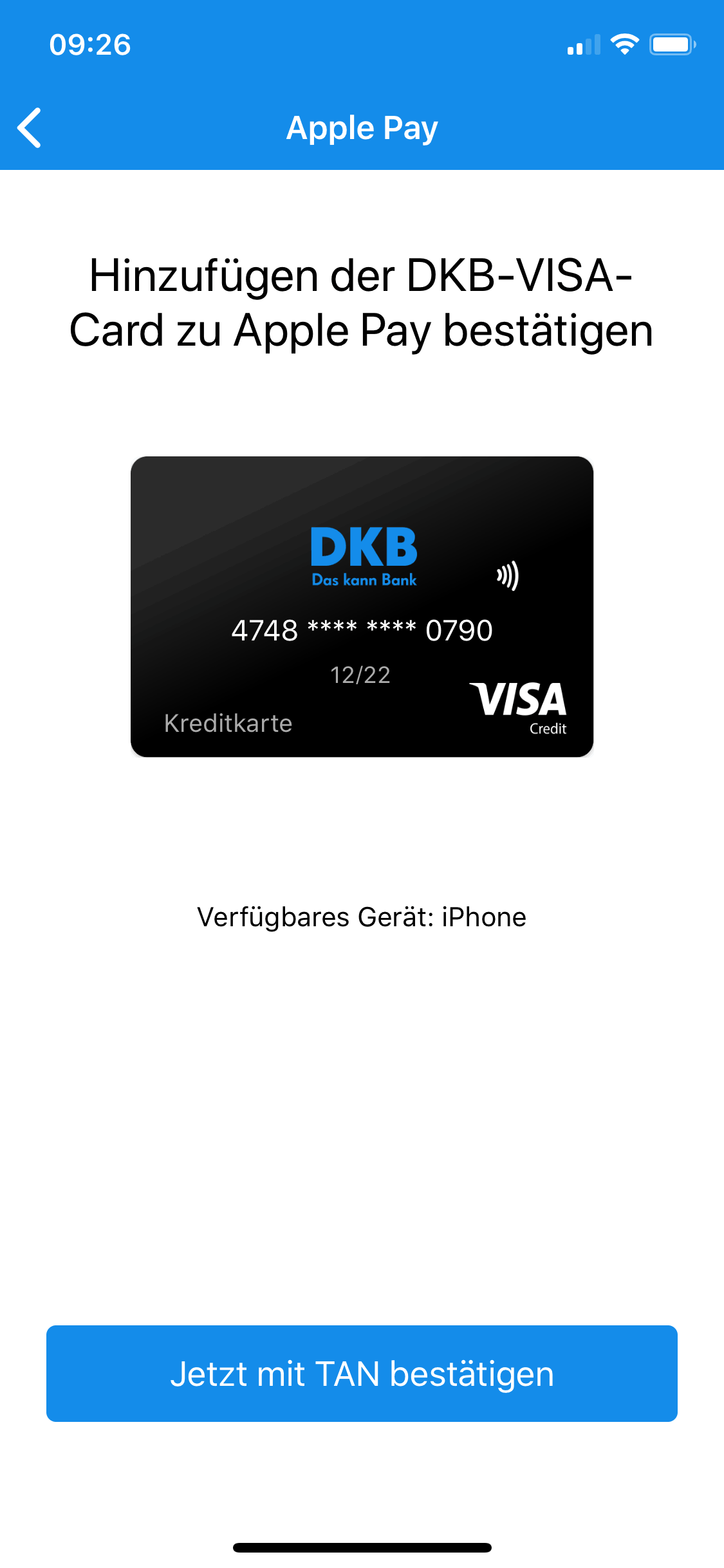 Deutsche Kreditbank - DKB-App - Apple Pay - DKB-VISA-Card - Hinzufügen